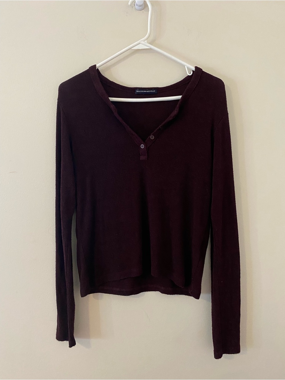 Brandy Melville Long-Sleeve Henley Top in Deep Burgundy